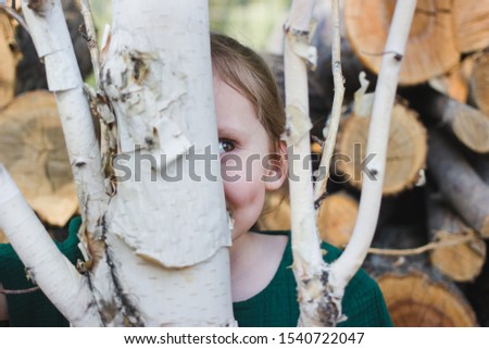 Hide and seek rural rustic scene with cute toddler girl behind a birch tree.