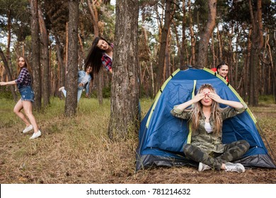 Hide And Seek Tourist Leisure Games Concept. Woman Friendship. Spending Time Together.