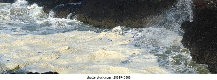 Hide tide waves foam in Devil's Churn, Cape Perpetua, Oregon coast