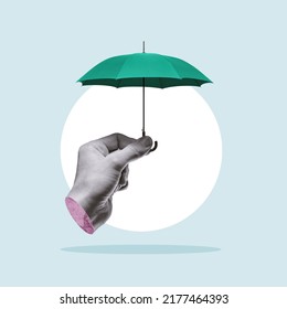 Hide under an umbrella from problems. Art collage.