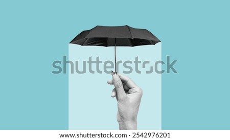 Hiding under an umbrella from problems symbolizing insurance, support and protection. The concept of protection of health and wealth. Copy space