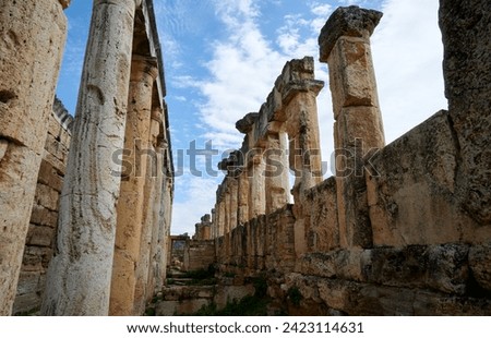 Hierapolis in Pamukkale. Ancient, aged stone buildings from lycia