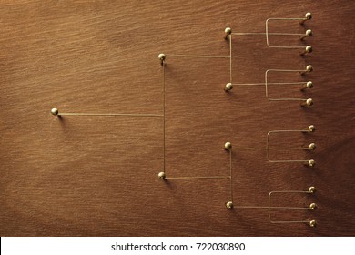 Hierarchy, Command Chain, Company / Organization Chart, Structure Or Layer And Grouping Concept Image. Top Down Structure Made From Gold Wires And Nails On Rustic Wooden Surface. 