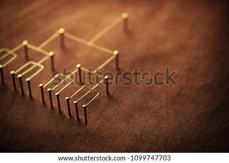 Hierarchy, command chain, company / organization structure or layer and grouping concept image. Top down structure made from gold wires and nails on rustic wooden surface. Shallow depth of field.