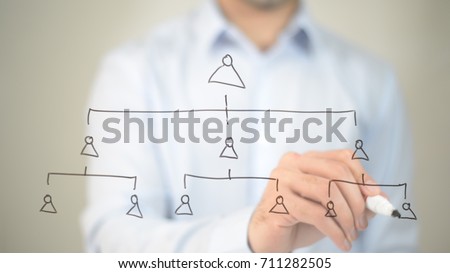 Hierarchy, Concept,  Man writing on transparent screen