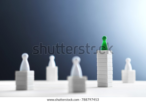 Hierarchy, power, management and leadership\
concept. Being unique and the best. Dominance, victory and winning\
challenge. Beat competitors. One different on better, higher level.\
Negative copy space.