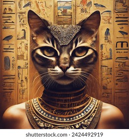 Hieroglyph photo of beautiful elegant real cat as a woman wearing fashionable dress full of glitter