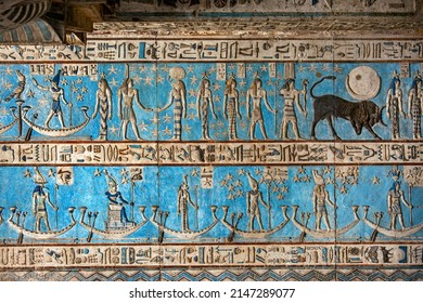 Hieroglyphic Carvings And Paintings On The Interior Walls Of An Ancient Egyptian Temple