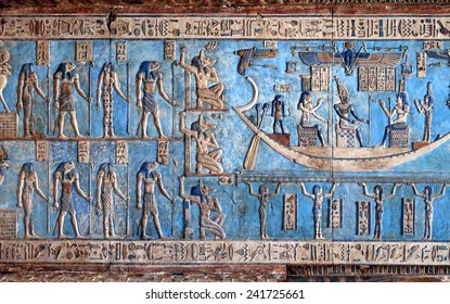 Hieroglyphic Carvings And Paintings On The Interior Walls Of An Ancient Egyptian Temple In Dendera