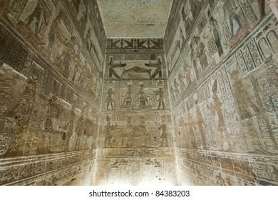 Hieroglyphic Carvings And Paintings On The Interior Walls Of An Ancient Egyptian Temple