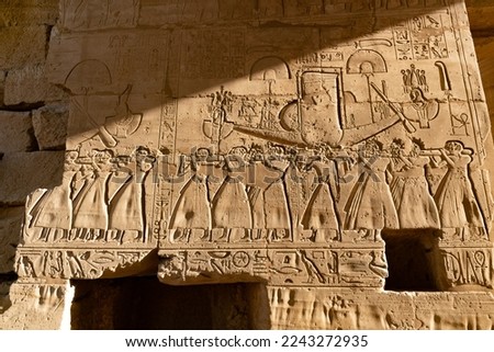 Hieroglyphic relief details from the Ramesseum, memorial temple or mortuary temple of Egyptian Pharaoh Ramesses II, part of the Theban Necropolis on the West Bank of the Nile, Luxor, Upper Egypt. 
