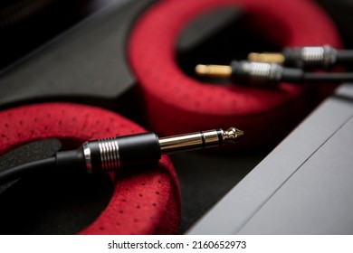 Hifi headphones, cable connectors. Professional high fidelity audio cables, ear cushions for dj headphone. Curated stock images collection for wallpaper design. Royalty free images for poster template