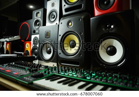 Hi-fi studio monitors for sound recording. Professional audio equipment for musician 