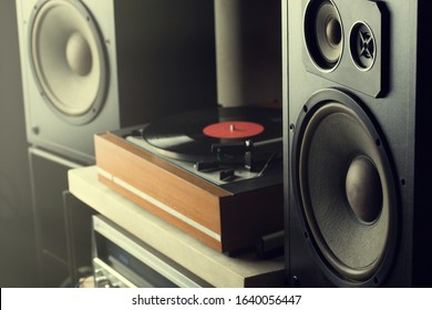 HiFi System With Turntable, Amplifier, Headphones And Lp Vinyl Records In A Listening Room