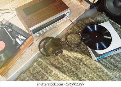 HiFi System With Turntable, Amplifier, Headphones And Lp Vinyl Records In A Listening Room