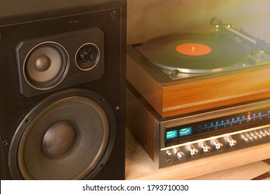 HiFi System With Turntable, Amplifier, Headphones And Lp Vinyl Records In A Listening Room