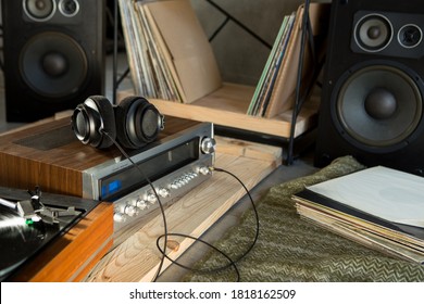 HiFi System With Turntable, Amplifier, Headphones And Lp Vinyl Records In A Listening Room