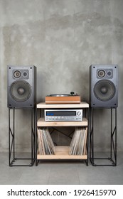 HiFi System With Turntable, Amplifier, Headphones And Lp Vinyl Records In A Listening Room