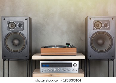 HiFi System With Turntable, Amplifier, Headphones And Lp Vinyl Records In A Listening Room