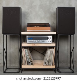 HiFi System With Turntable, Amplifier, Headphones And Lp Vinyl Records In A Listening Room