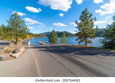 The Higgens Point Boat Launch Near Wolf Lodge Bay Along The Shores Of The Lake In The Rural Mountain Town Of Coeur D'Alene, Idaho, USA.