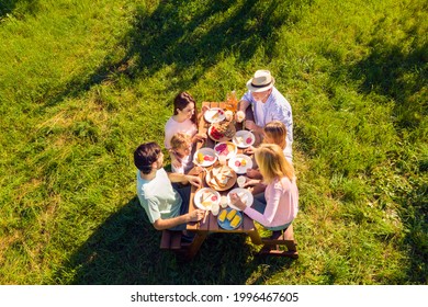 High Above Angle View Big Full Family Having Picnic Outdoors Cheerful On Holidays Spending Time Together