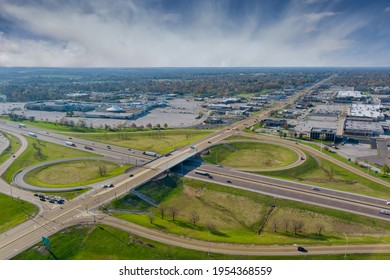 High above highways, interchanges the roads on interstate takes you on a fast transportation highway in Fairview Heights Illinois US drone view