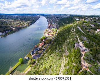 High Above Texas Aerial View Over Mount Bonnell Austin Texas Spring Time Colorado River Mansion View Of West Lake Travis County