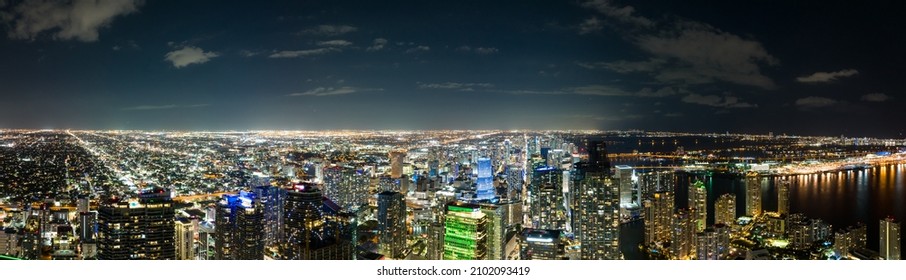 High Aerial Panorama Brickell And Miami At Night