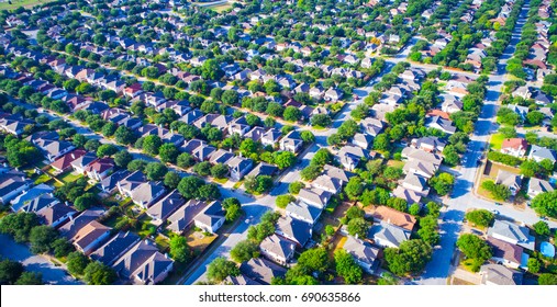 High Aerial View Above Suburb Suburbia House Mania Over Austin Texas USA Homes And Rooftops Colorful Summer View