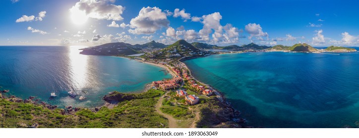 High Aerial view of the Caribbean island of French and Dutch St.Maarten and St martin.  - Shutterstock ID 1893063049