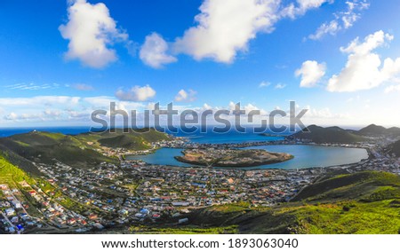 High Aerial view of the Caribbean island of St. Maarten. Caribbean islands Cityscape. 