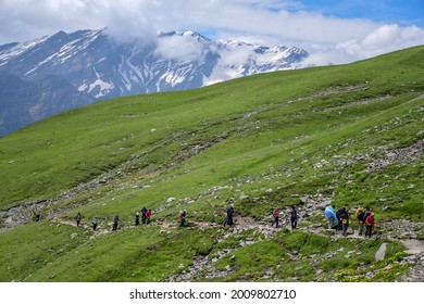 High altitude Bhrigu lake trek on meadows and snow capped mountains - Shutterstock ID 2009802710