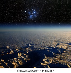 High altitude view of the Earth in space. and the Pleiades star cluster. - Powered by Shutterstock