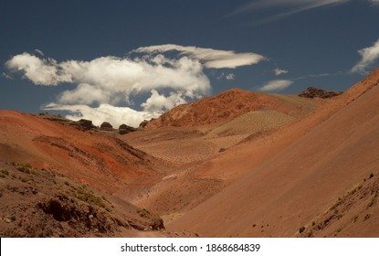 High In The Andes Cordillera. View Of The Arid Desert, Sand, Dunes, V Shape Valley, Brown, Red And Orange Mountains And Rock Formation In Laguna Brava, La Rioja, Argentina. 