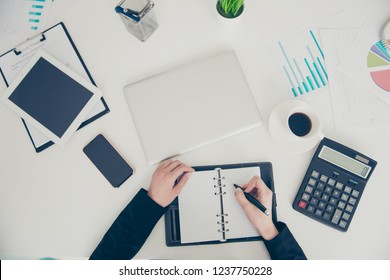 High Angle Above Top Pow Personal Perspective First Person Overhead View Of Lady Hands In Her Suit She Write On Planner With Coffee Cell Cellphone Smartphone Mobile Phone On Table