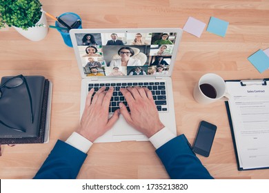 High Angle Above View Cropped Photo Of Young Man Typing Hands Arms Laptop In Home Office Speaking Talking Skype Online Group Video Call See Happy Smiling Friendly Colleagues Partners