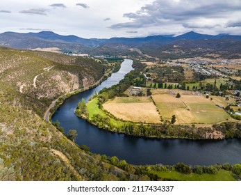 High Angle Aerial Drone View Of River Derwent, One Of The Major Rivers On The Island Of Tasmania, Australia, Near The Town Of New Norfolk, 30 Kilometres From Tasmanias Capital City Hobart.	
