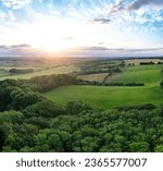 High Angle Aerial Panoramic View of Sharpenhoe Clappers Landscape of British Countryside and Animal Farms Near Luton City, England UK. August 19th, 2023