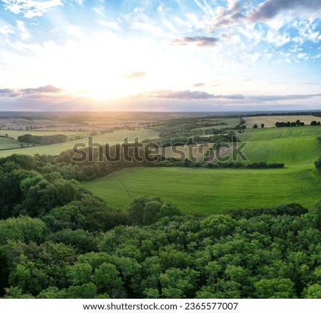 High Angle Aerial Panoramic View of Sharpenhoe Clappers Landscape of British Countryside and Animal Farms Near Luton City, England UK. August 19th, 2023