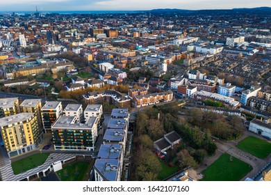 High Angle Aerial View Over Dublin. Irish City Drone Photography.