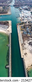 A High Angle Aerial View Over The Shinnecock Canal In Hampton Bays, NY On A Beautiful Day.