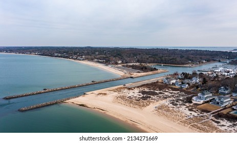 A High Angle Aerial View Over The Shinnecock Canal In Hampton Bays, NY On A Beautiful Day.