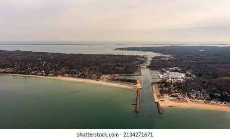 A High Angle Aerial View Over The Shinnecock Canal In Hampton Bays, NY On A Beautiful Day.