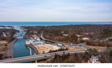 A High Angle Aerial View Over The Shinnecock Canal In Hampton Bays, NY On A Beautiful Day.