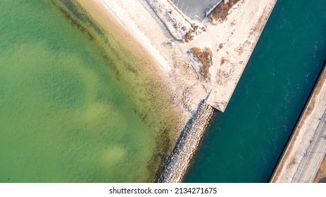 A High Angle Aerial View Over The Shinnecock Canal In Hampton Bays, NY On A Beautiful Day.