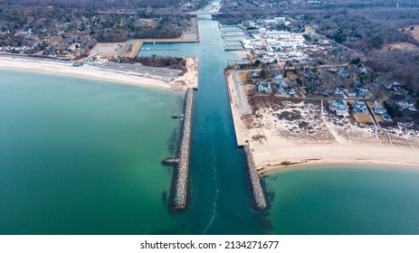 A High Angle Aerial View Over The Shinnecock Canal In Hampton Bays, NY On A Beautiful Day.