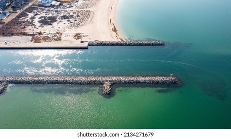 A High Angle Aerial View Over The Shinnecock Canal In Hampton Bays, NY On A Beautiful Day.