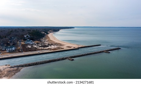 A High Angle Aerial View Over The Shinnecock Canal In Hampton Bays, NY On A Beautiful Day.