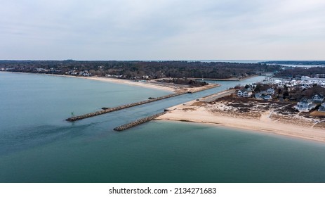 A High Angle Aerial View Over The Shinnecock Canal In Hampton Bays, NY On A Beautiful Day.